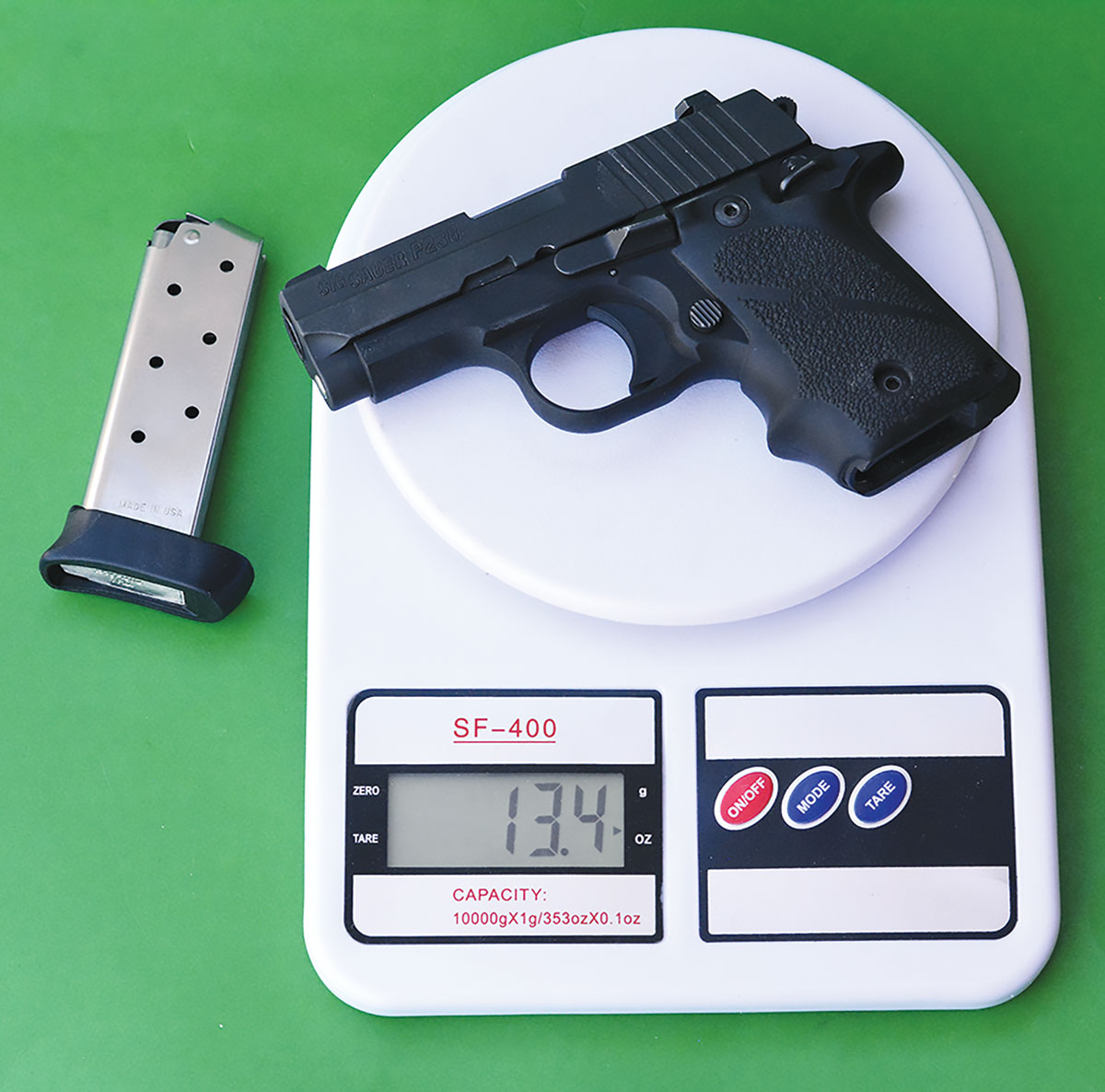 The gun weighed 13.4 ounces without the magazine.